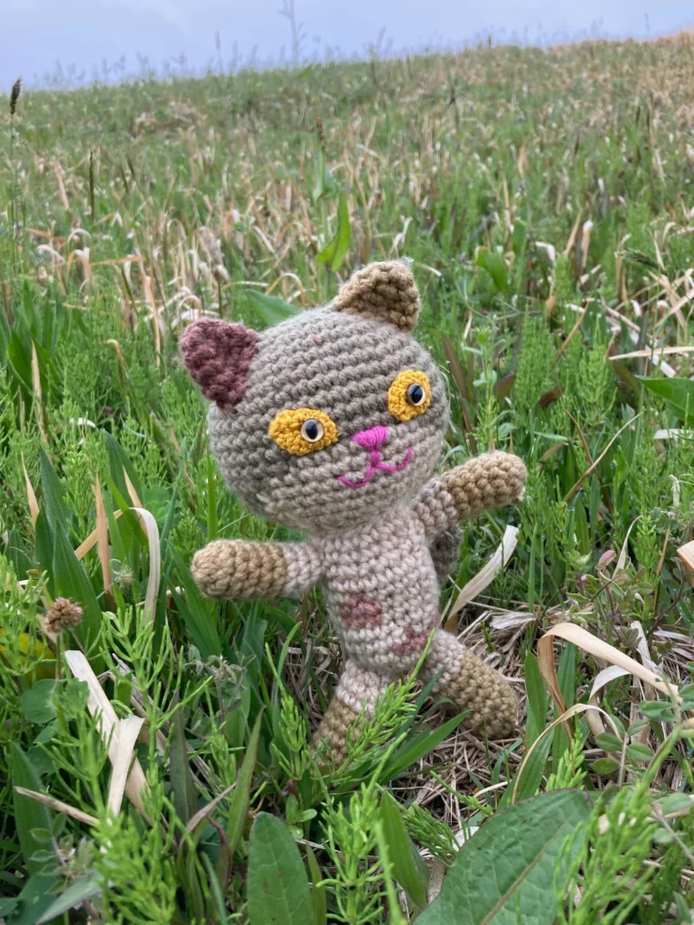 秋の野原で、かわいいお花のヤブランをみつけて喜ぶつくし君